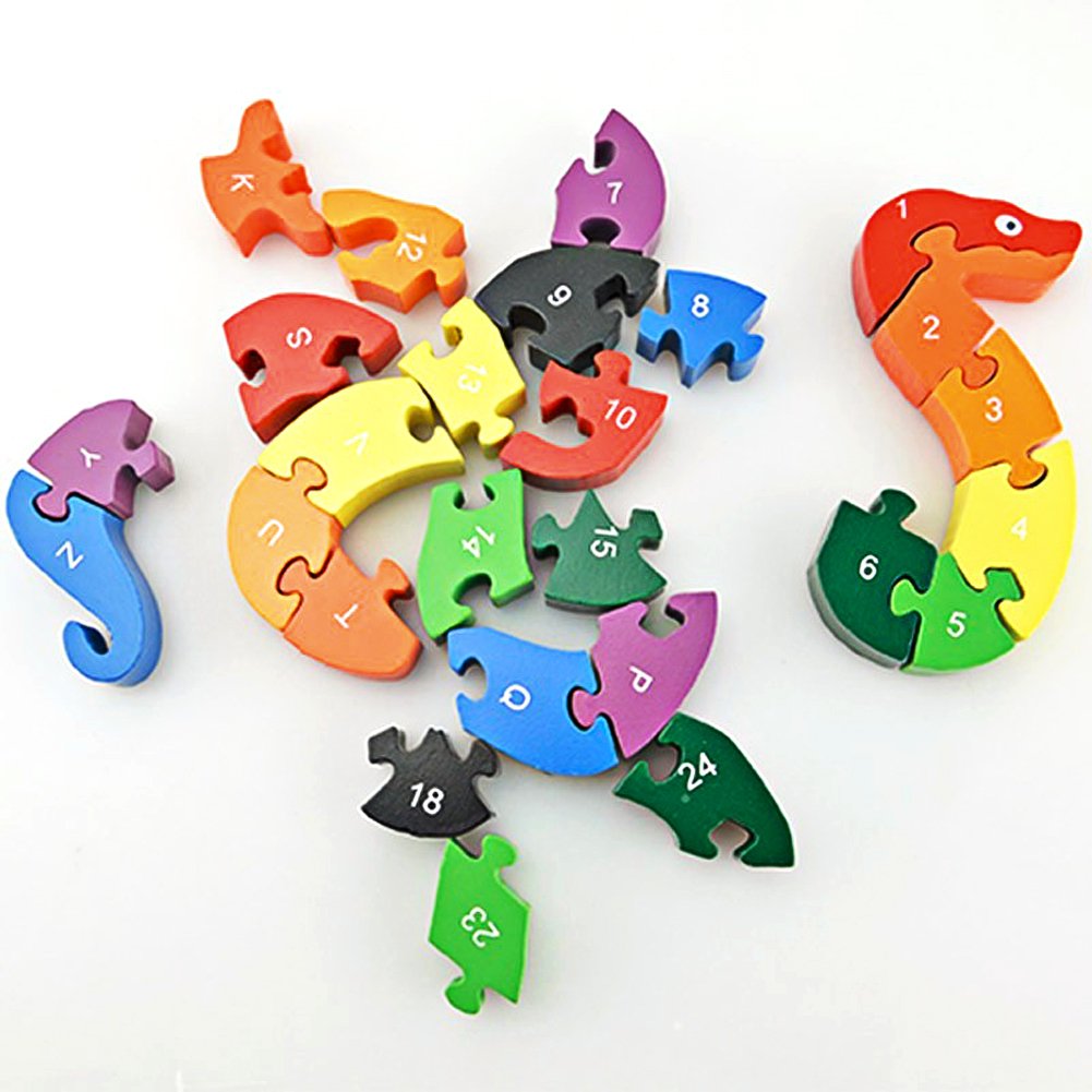 Johouse Blocks Jigsaw Puzzles, Wooden Alphabet Jigsaw Puzzle Wooden Building Blocks Animal Wooden Puzzle for Children’s Puzzles Toys - Snake & Elephant