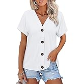 ORANDESIGNE Women's Short Sleeve V Neck Tops Casual Button Down Summer T Shirts Basic Ladies Tees