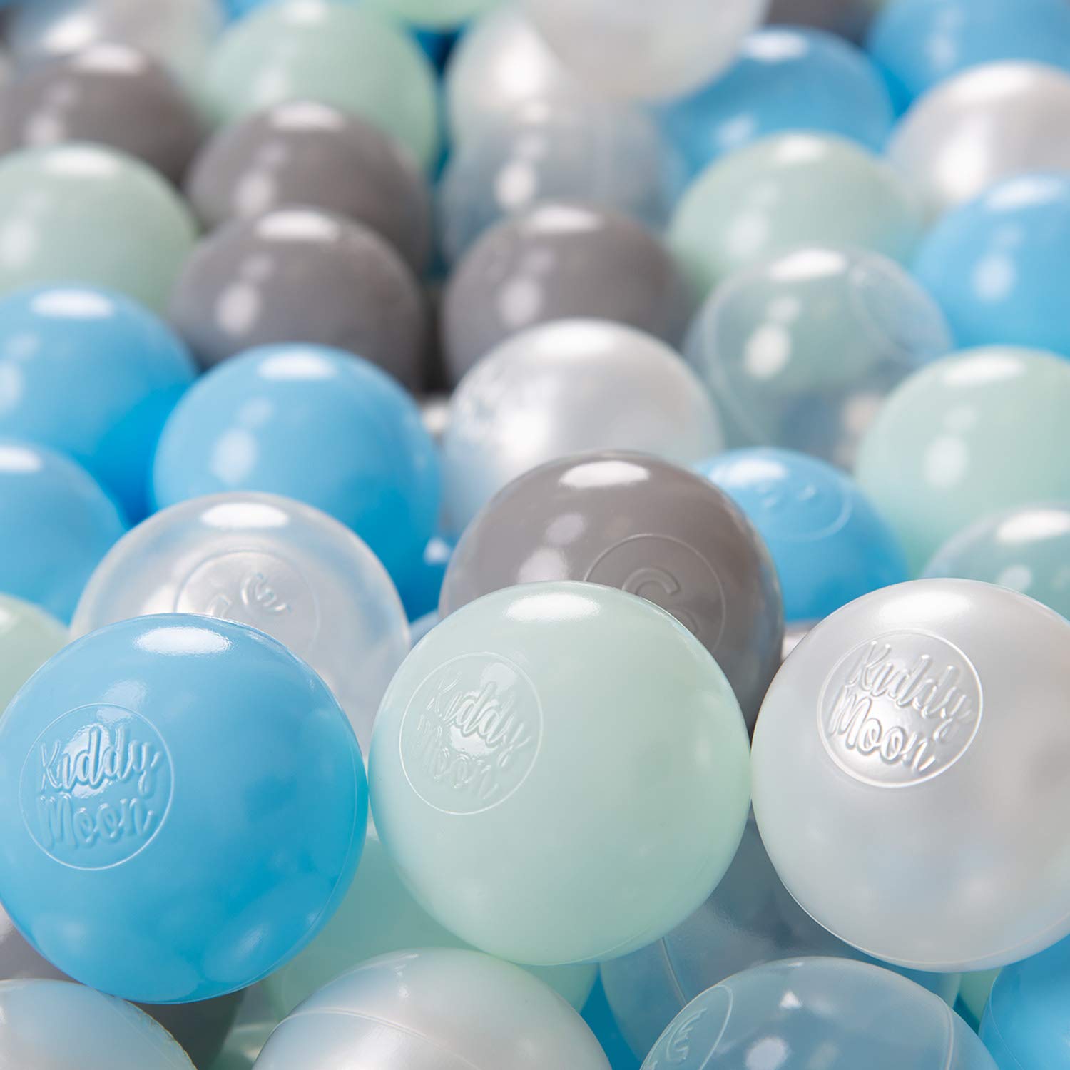 KiddyMoon Soft Plastic Play Balls For Children 300 Balls/6Cm-2.36In Colourful Made In EU, Pearl/Grey/Transparent/Baby Blue/Mint