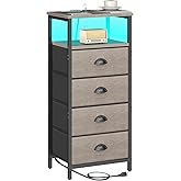 sthmec Nightstand with Charging Station,LED Grey Nightstand with 4 Fabric Drawers, Bedside End Tables, 2-Tier Open Storage Shelf Side Table Nightstand with Drawers for Bedroom,Grey