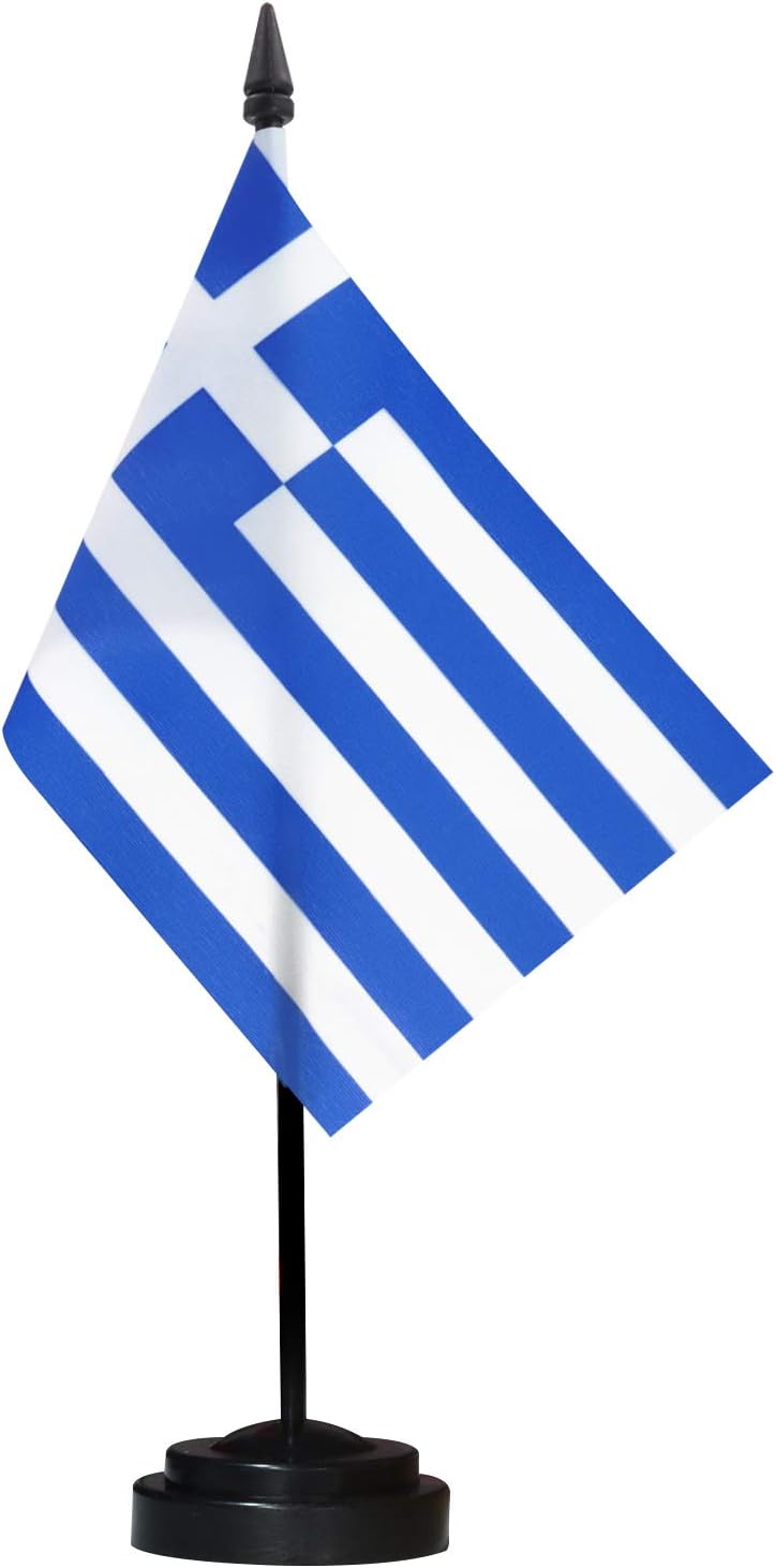 Flagpole Hardware - ANLEY Greece Deluxe Desk Flag Set - 6 x 4 Inch Miniature Greek Desktop Flag with 12