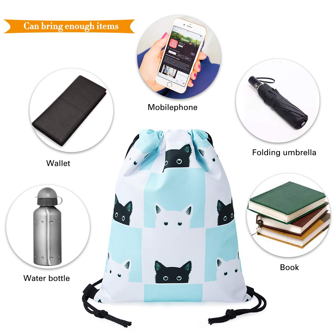 TUONROAD Pretty Cute Design Animal Print Drawstring Backpack Teal White Grid Black Cat Waterproof Lightweight Heavy Duty String Cinch Bag Sack Pack for Toddler Children Kids Girls Boys