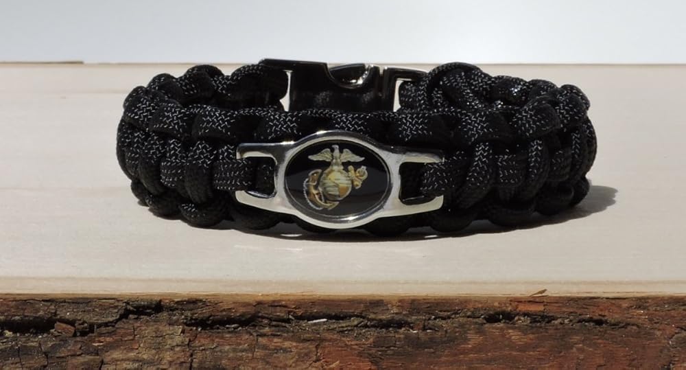 Black 550 Lb Paracord Survival Bracelet with a U.S. Marine