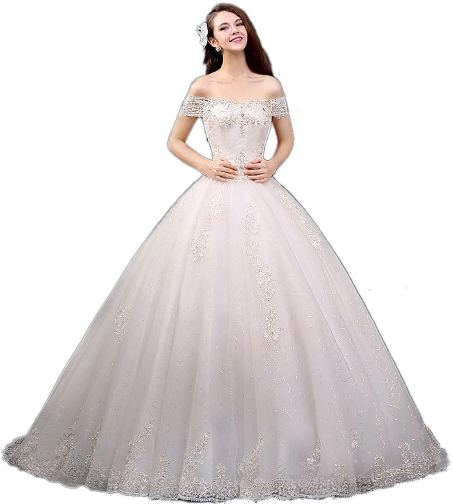 Yudear Women's Off the Shoulder Chapel Train Lace Up Back Wedding Gowns