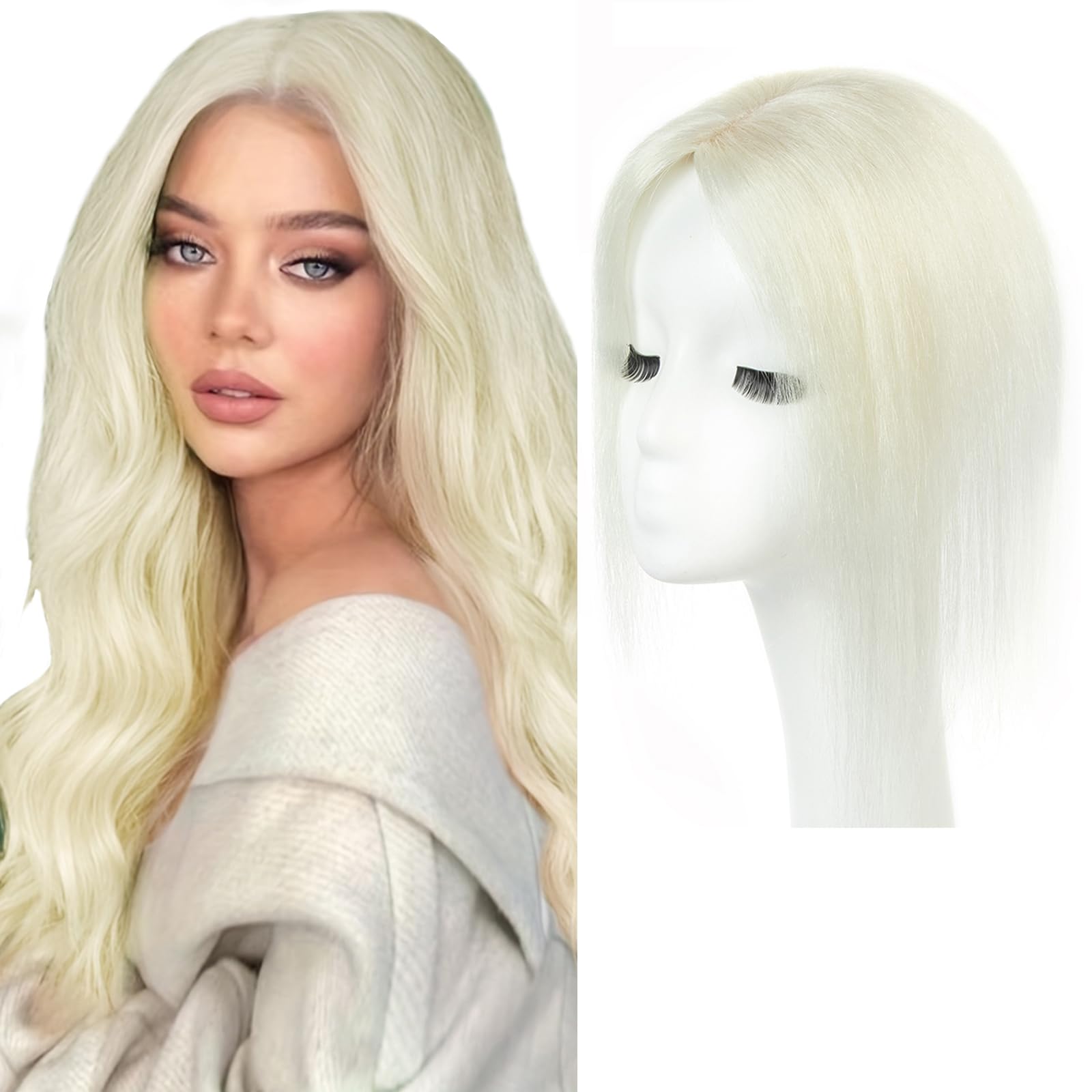 Photo 1 of isheeny Premium Human Hair Topper for Women 14Inch Real Human Hair Toppers for Thinning Hair & Volume White Natural Hair Pieces for Women With Artificial Base & 2 Secure Clips