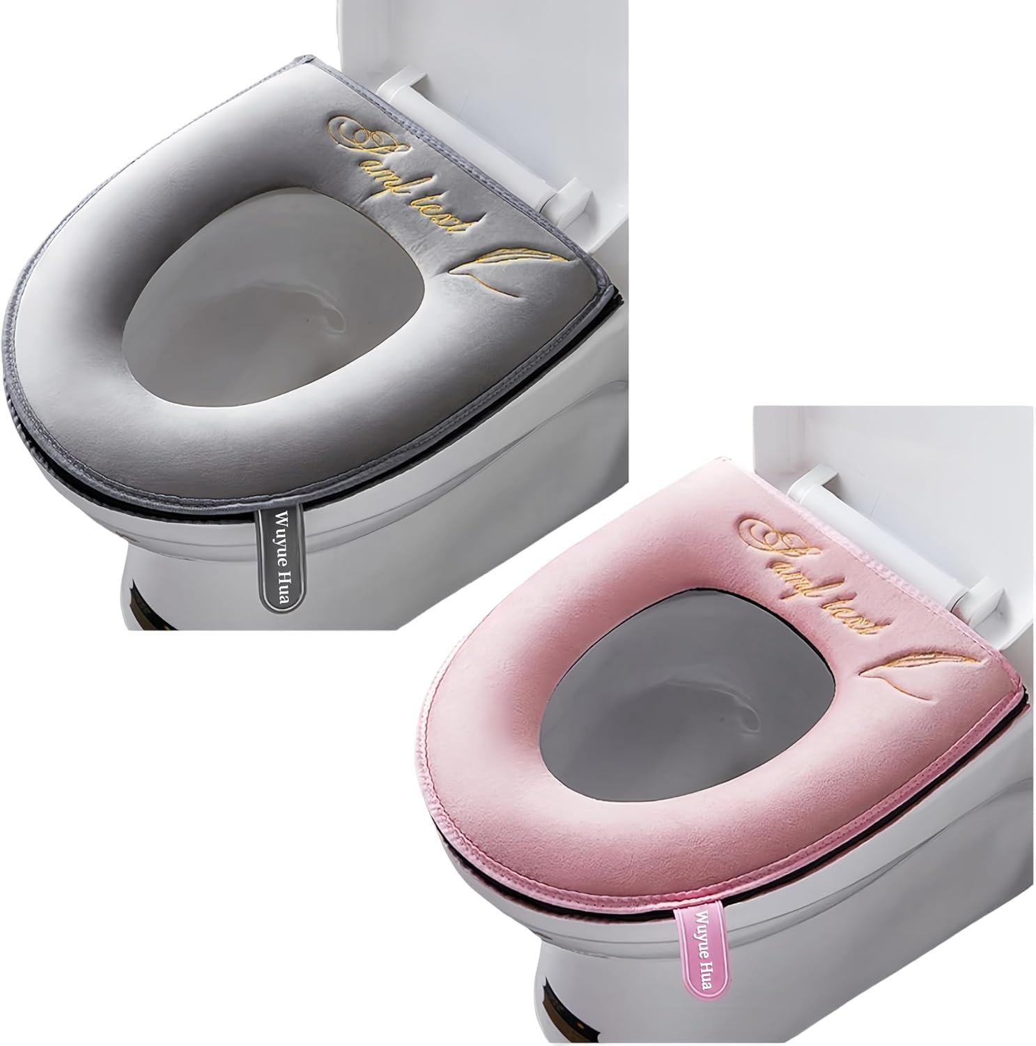 2 Pieces Bathroom Soft Toilet Seat Cover Pad with Handle Toilet Lid Cover Cushion Soft Thicker Washable Fits All Oval Toilet Seats (Grey+pink, zipper)