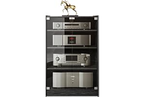 Grufle Media Storage Cabinet with Height Adjustable, 4-Tier Shelves Audio Video Media Stand Cabinet, Modern AV Cabinet with Glass Doors, Storage for Entertainment Stereo Component