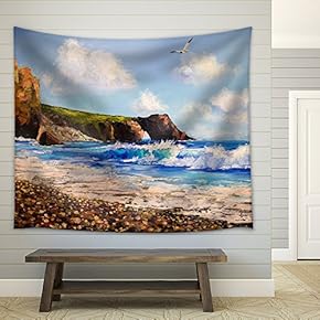 Oil Painting on Canvas, Sea Landscape with Seagull - Fabric Wall Tapestry Home Decor - 51x60 inches