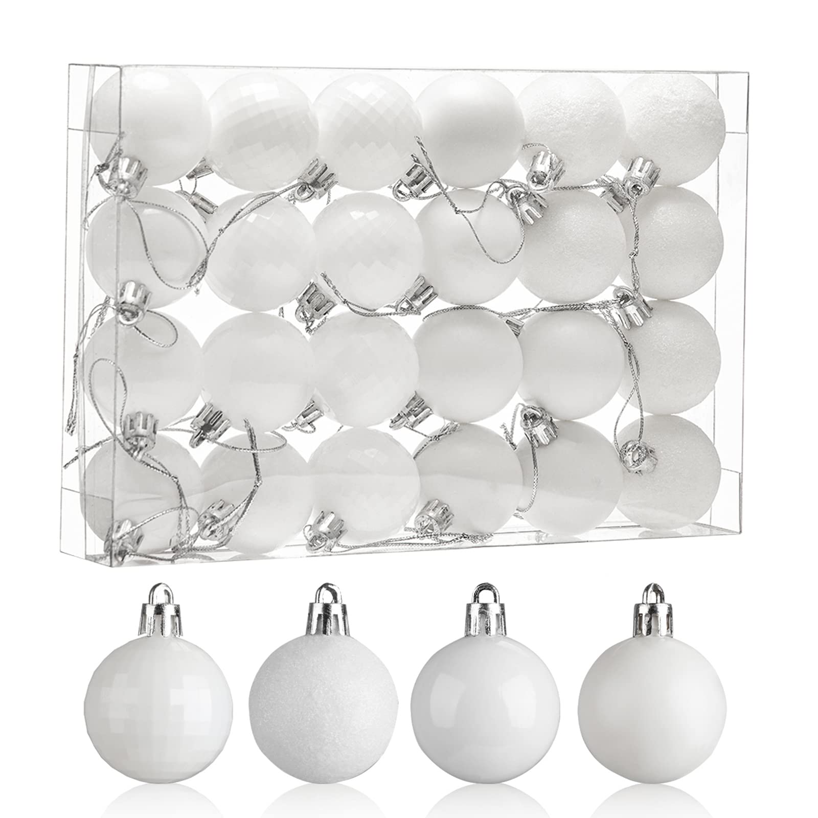 Christmas Baubles 24 Pcs Christmas Tree Decoration Shatterproof Xsmas Tree Baubles 4CM Mini Xsmas Hanging Ball Ornamentsl for Home Festival Party Decoration (White)