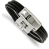 Stainless Steel Polished Blk Leather ID Bracelet