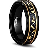 Greenpod 8MM Tungsten Carbide Rings for Men Hammered Polished Faceted Edge Wedding Band 24K Gold Plated Foil with Black Dinas Inlay Comfort Fit Size 7-13