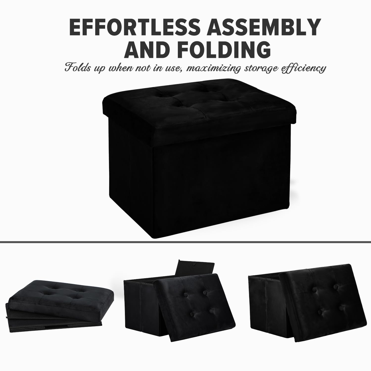 LINMAGCO Storage Ottoman Folding Foot Stool Velvet Ottoman Foot Rest with Padded Modern Ottoman with Storage for Living Room Puppy Step Stool 17x13x13in(Black) - Image 6