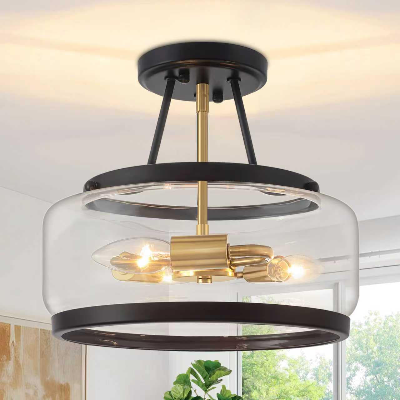 Photo 1 of Black and Brushed Gold Semi Flush Mount Ceiling Light, 11.81" Modern Glass Drum Light Fixtures, 3-Light Ceiling Lights for Hallway Entryway Kitchen Dining Room Bedroom Laundry Lighting, UL-Listed