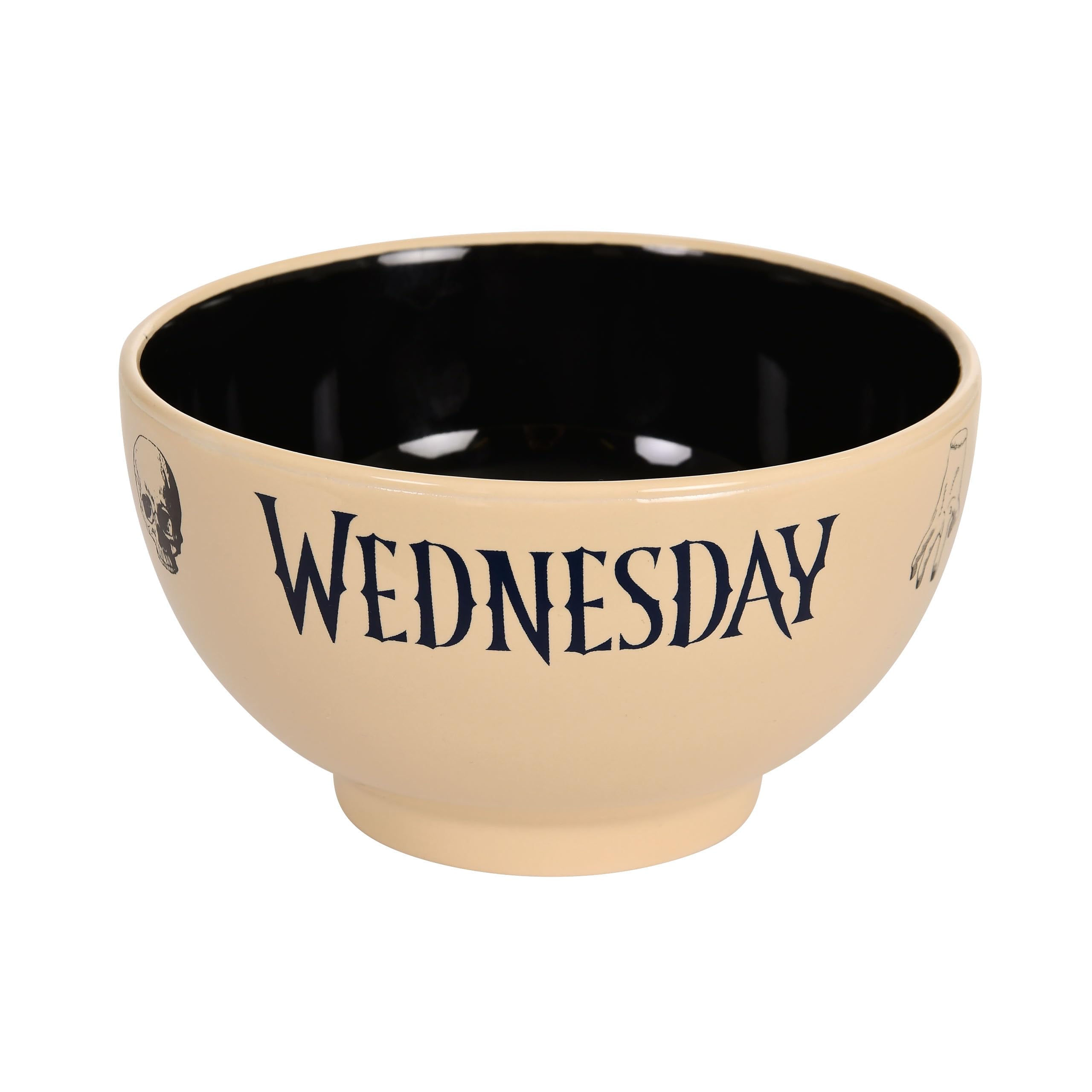 Elbenwald Wednesday Cereal Bowl - Wednesday Icons: Skull, Moon, Cold Hand - 600ml Capacity - Ceramic - Beige and Black