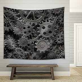 Many Old Rusty Metal Gears or Machine Parts - Fabric Wall Tapestry Home Decor - 51x60 inches