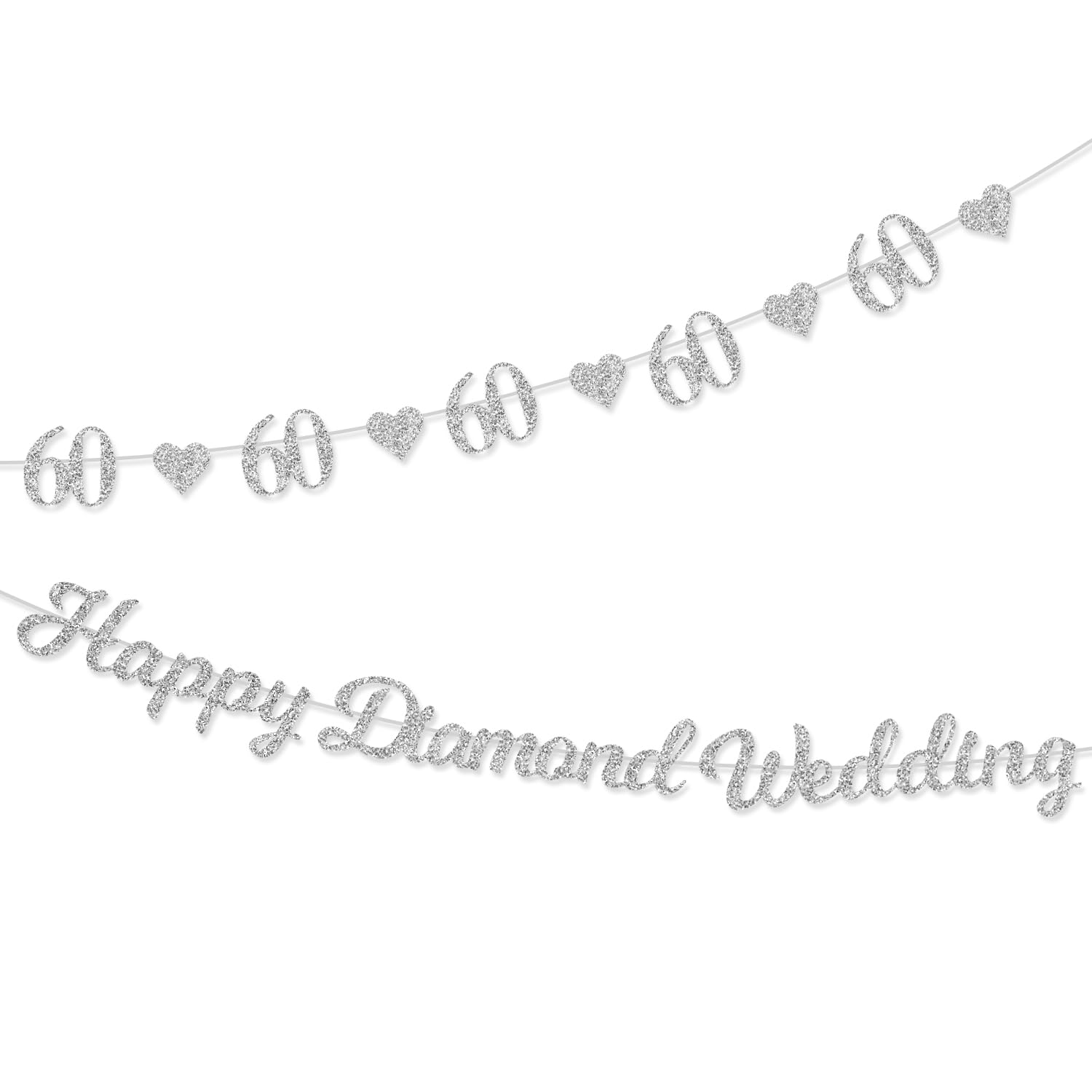 60th Happy Diamond Wedding Anniversary Banner, Happy 60th Wedding Anniversary Decorations,Silver Glitter Bunting Decorations