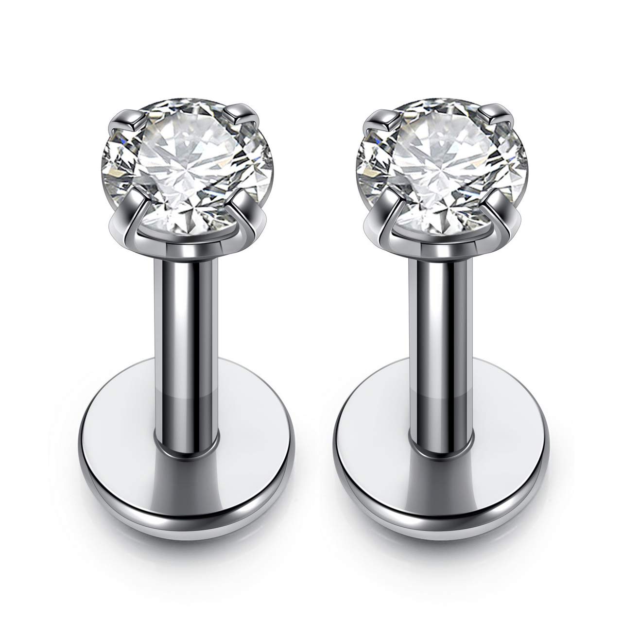 PiercingJak 2pcs 16g 316L Stainless Steel 3mm Cubic Zirconia Labret Monroe Lip Ring/Tragus/Helix Earring,6MM Bar Length