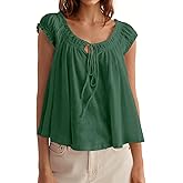 Tankaneo Women Summer Tie Front Tank Tops Cap Sleeve Pleated Babydoll Tops Casual Loose Fit Going Out Flowy Shirt