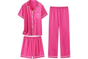 Schbbbta Girls 3 Pieces Pajamas Sets Silk Satin Sleepwear Button Down Short Sleeve Pjs Outfits