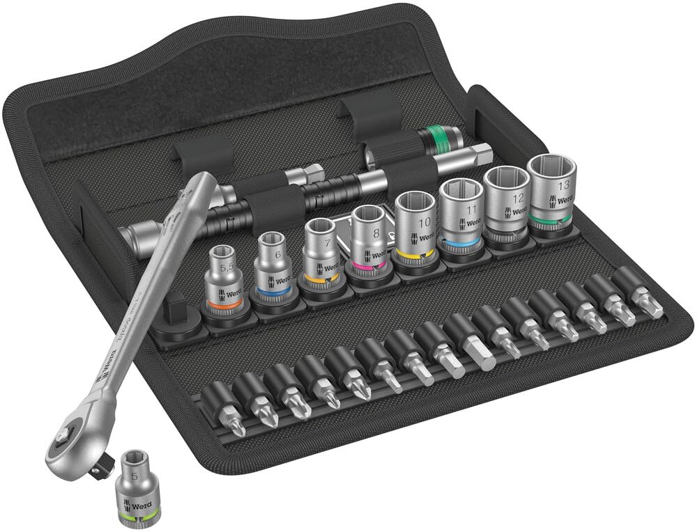 Wera 05004017001 8100 SA 7 Zyklop Metal Ratchet Set with Push-Through Square, 1/4" Drive, Metric, 28 Pieces