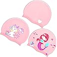 3 Pieces Kids Swim Caps Toddlers Swimming Caps Silicone Swim Cap for Boys Girls (Age 4-12) Baby Waterproof Cartoon Bathing Hats for Long and Short Hair (Girl Style)