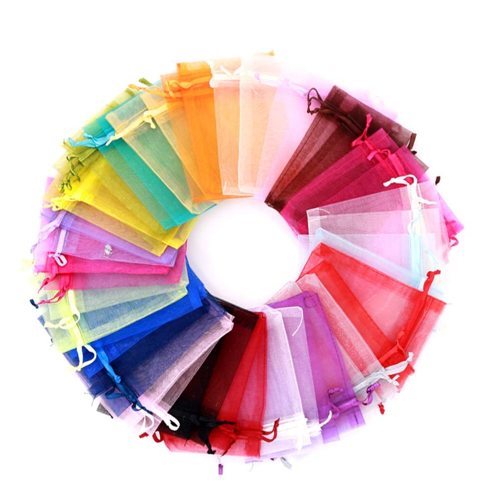 nuoshen 100Pcs Mix Color Small Organza Bags, Organza Pouches Wedding Favor Bags Jewelry Pouches with Drawstring
