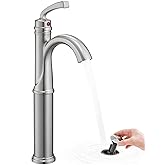 HOIGY Brass Vessel Faucet Brushed Nickel, 1 Hole Tall Faucet for Bathroom Sink with Single Handle, Pop Up Drain & cUPC Water Hoses, Classic Aerator Style for Vessel Sink, 5 Mins Quick Installation