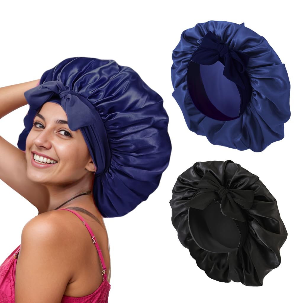 Satin Hair Bonnet for Women Sleeping - 2PCS Silk Bonnet for Sleeping Curly Hair, Soft Breathable Satin Bonnet Sleep Cap with Tie Band Hair Wrap Cap for Sleeping