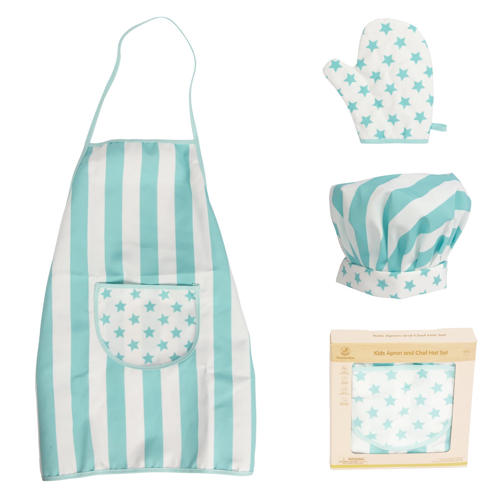 Photo 1 of WoodenEdu Kid Apron and Chef Hat Set, 3 Pcs Children Cooking Baking Set Kits Role Play Chef Toy Kid Cooking Gift for Girls Boys (Blue)