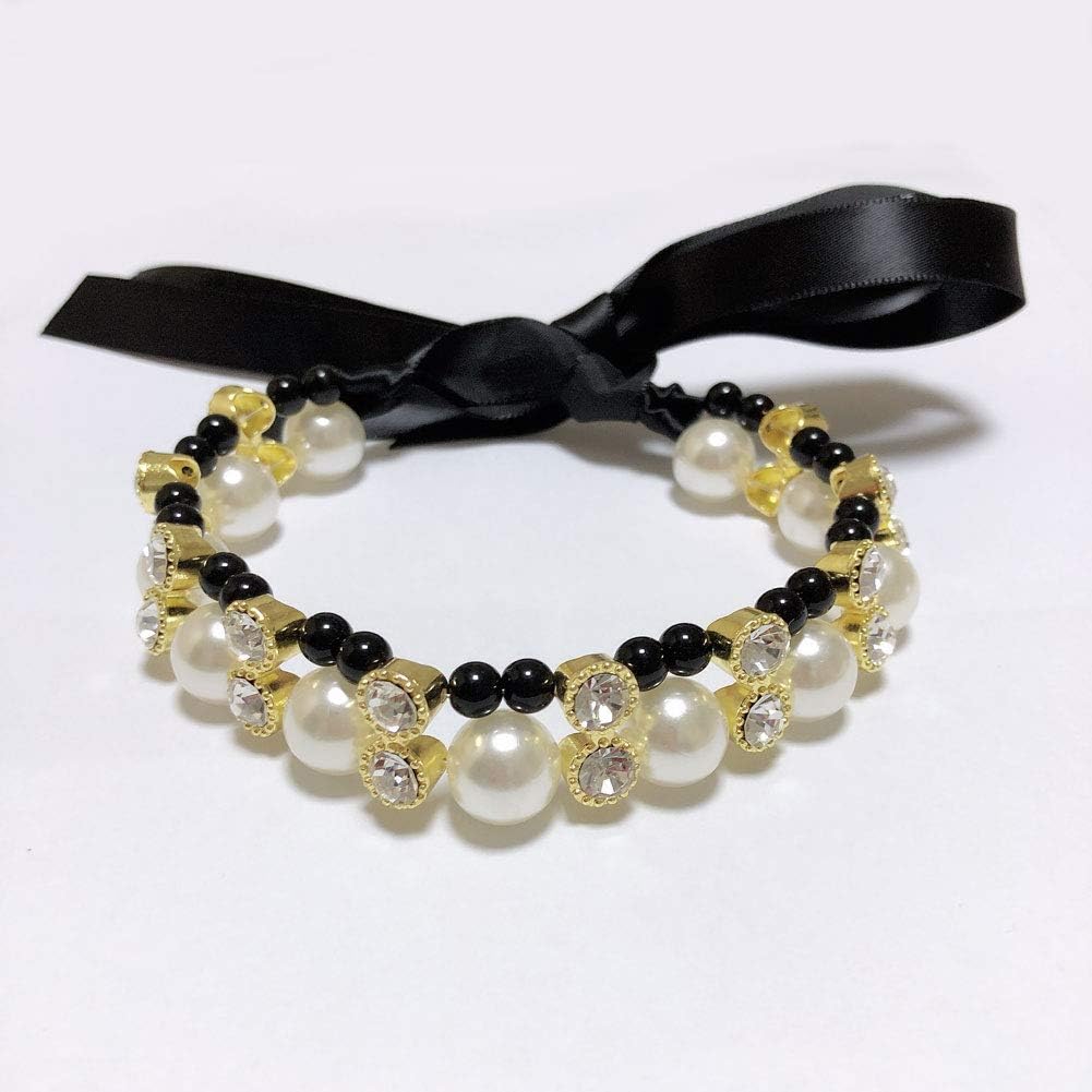 Dog Cat Pearls Necklace Collar - Luxury 2 Row Diamond Pet Costume Jewelry for Small Dogs Girl Puppy - Bling Female Yorkie Chihuahua Clothes Accessories (Black and White, 12-Inch)