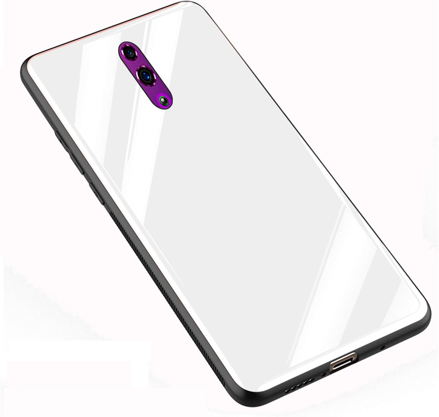 XunEda OPPO Reno 6.4" Case, 9H Tempered Glass Back Cover Case Anti-Scratch with Soft Silicone Bumper Cover with Screen Protector for OPPO Reno Smartphone (White)