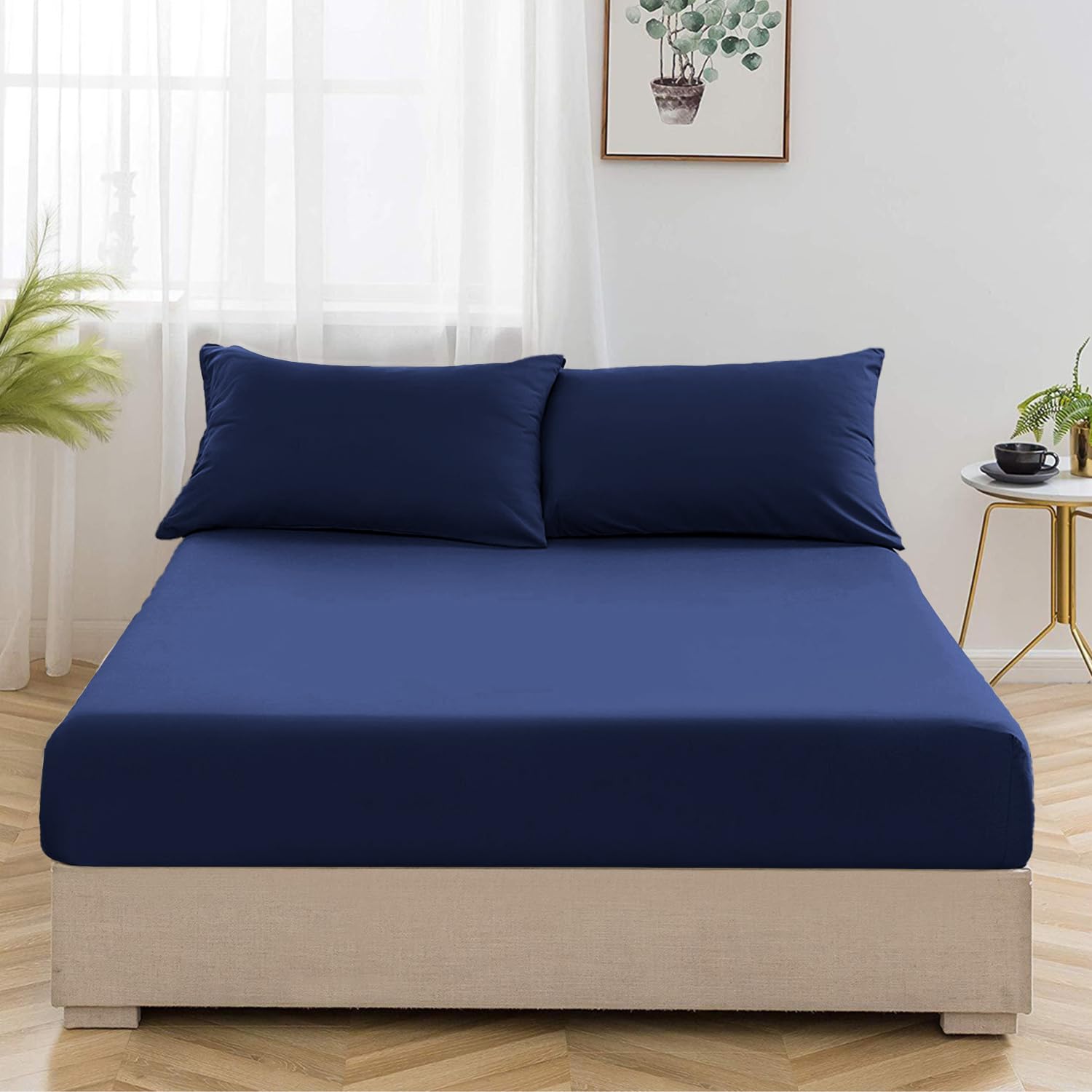 Oxford Homeware Navy King Size Fitted Sheets -100% Brushed Microfibre 1800 Easy Care 25 cm Deep King Size Bed Sheet Bedding - Shrinkage and Fade Resistance — image 1