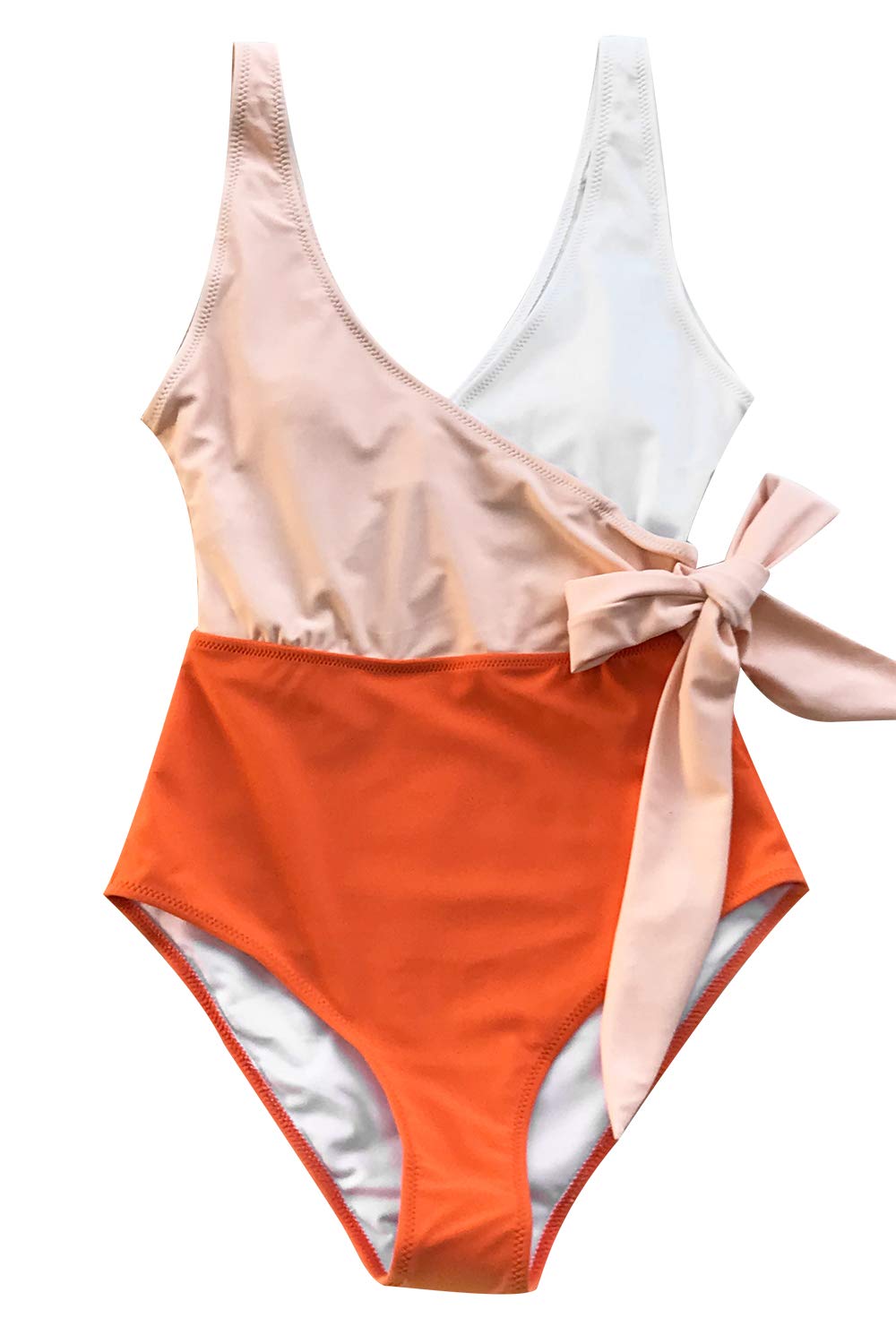 CUPSHE Women's Orange White Bowknot Bathing Suit Padded One Piece Swimsuit Beachwear Central