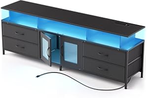 REAHOME 63" TV Stand for 65 75 Inch TV, Entertainment Center with Charging Station and LED Light, Media Console Table with St