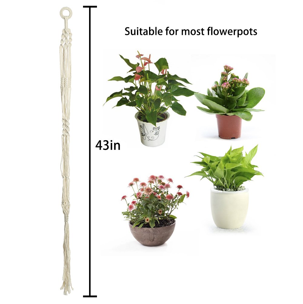 2 piezas de cesta de maceta para interiores y exteriores, colgante, cuerda de algodón, 4 patas de 101,6 cm, hecho a mano para interiores y exteriores, soporte de cuerda para colgar con gancho de techo, blanco