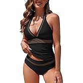 DUWMCON Womens V Neck Tankini Bathing Suits Tummy Control Two Piece Swimsuits for Women Mesh Halter Swimwear