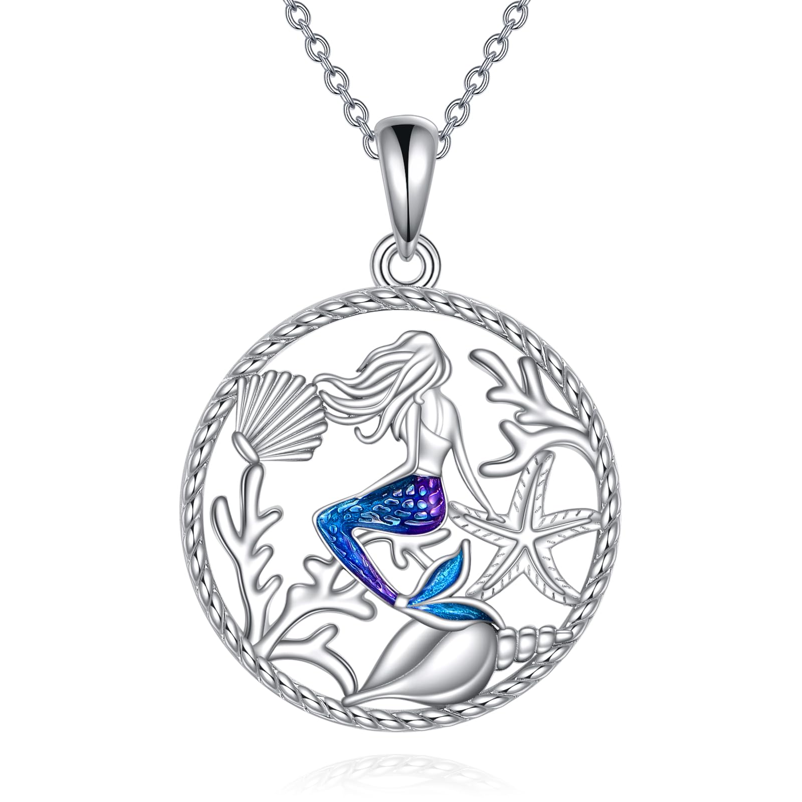 YFN Mermaid Necklace 925 Sterling Silver Blue Mermaid Starfish Pendant Necklace with Dripper Beach Jewellery Gifts for Women Girls