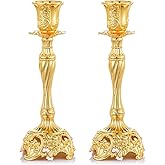 Sziqiqi Gold Candlestick Holders Set of 2 Taper Candle Holders Deluxe Ornate Candle Holders for Shabbat Taper Candles, Candle Centerpiece, Wedding Candles, Christmas Candle 7.4inch