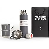 Gray Vacuum Flask Set, Stainless Steel Insulated Water Bottle w/ 3 Cups, Coffee Thermo Water Bottle for Hot & Cold Drinks, Reusable Thermal Cup for Outdoor Camping Travel, Termos para Agua Fria (17oz)