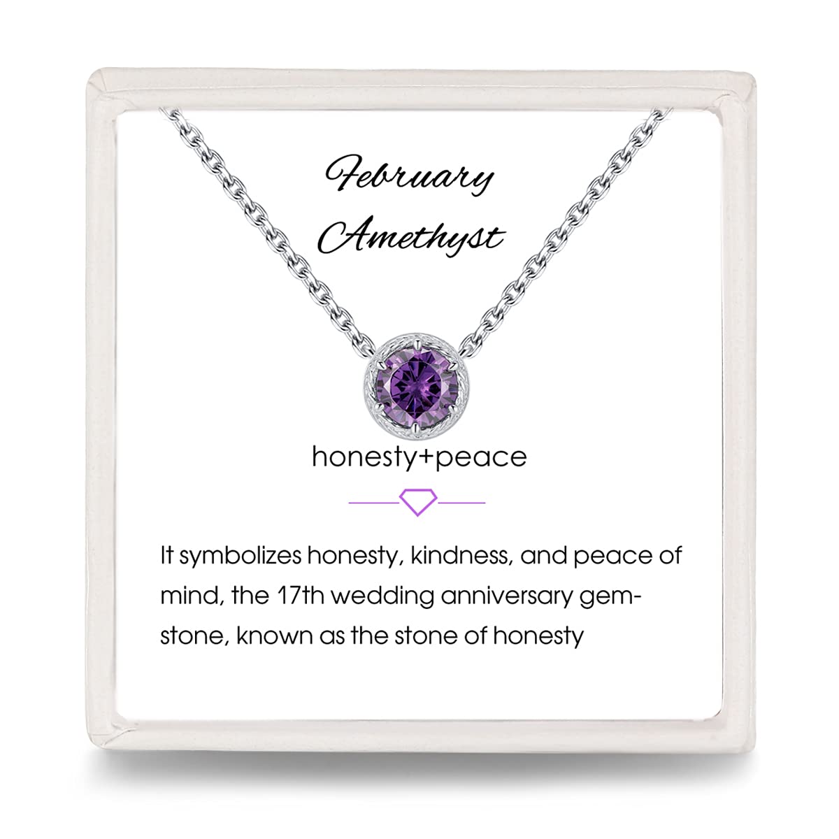 Presentski Round Amethyst Birthstone Pendant Necklaces February - Sterling Silver 925 Purple Gem Stones Dainty Solitaire Necklace Jewelry Gift for Valentine's Day