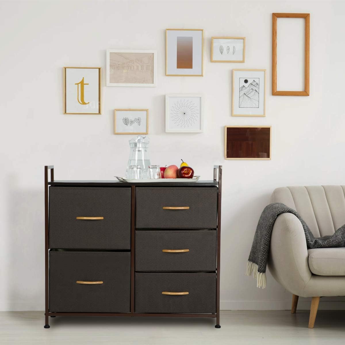 5 Drawer Dresser Organizer Fabric Storage Tower & Chest for Bedroom, Hallway, Closet, Entryway, Furniture Organizer Unit with Steel Frame, Wood Top and Easy Pull Wood Handle (Brown)