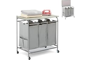 HollyHOME Laundry Basket Sorter with Ironing Board and 4 Wheels,Laundry Hamper with Sturdy Small Bags for Laundry Room Grey