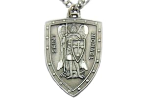WJH Saint Michael Shield Pewter Medal 1 1/4 Inch on 24 Inch Stainless Steel Chain Gift