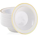 JOLLY PARTY 50PCS Plastic Bowls with Gold Rim-12oz disposable Soup Bowls, Christmas Thanksgiving Premium Dessert Salad Bowl for Wedding/Party