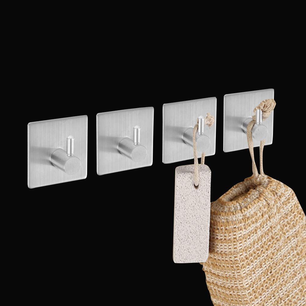 4 Pack Self Adhesive Hooks, HYCKee 18/8 Stainless Steel Towel Hook Wall Mount for Kitchen Bathrooms Lavatory Closets, No Drill Glue Needed, Water and Rust Proof (Pack of 4)