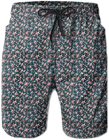 Qpkia Floral Coral Pink Rose Flower Garden Men Casual Drawstring Beach Boardshorts Pants Pocket