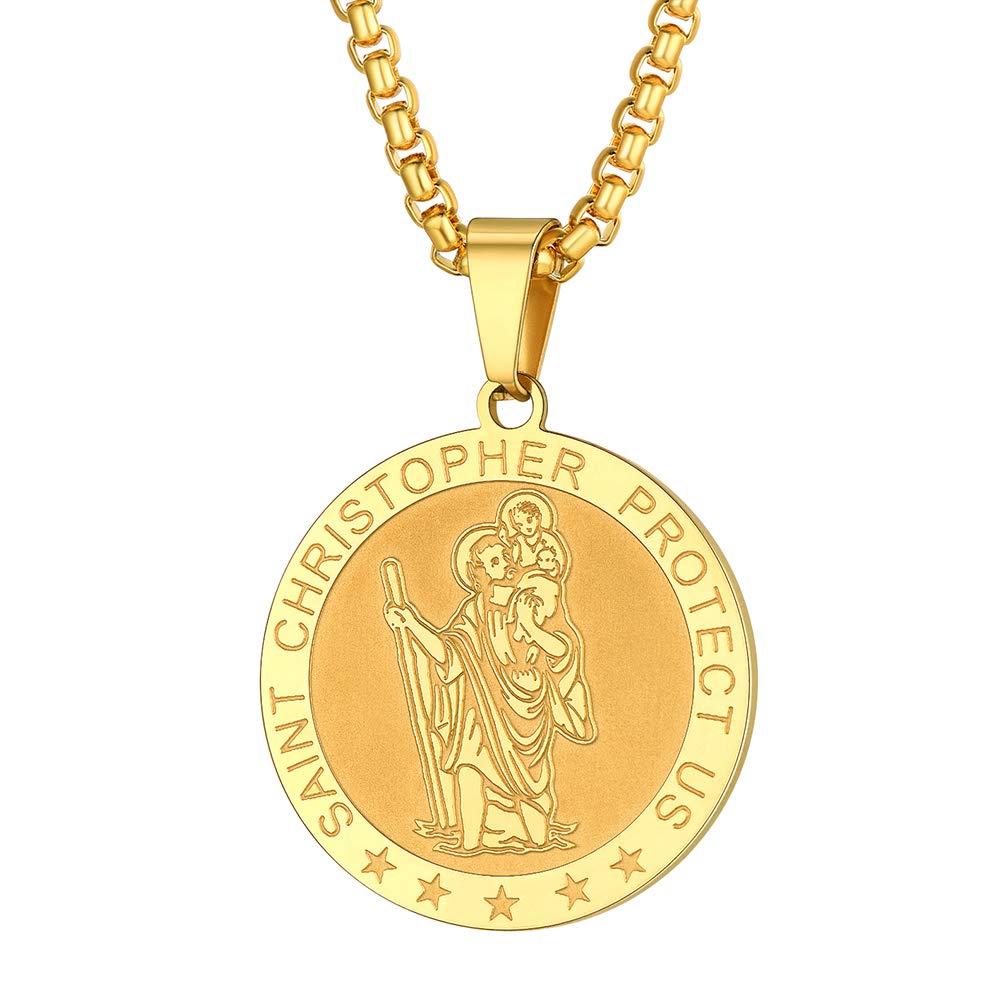 PROSTEEL St Christopher Necklace for Men, Saint Christopher Pendant Chain, Catholic Protection Jewellery Gold Round (With Gift Box)