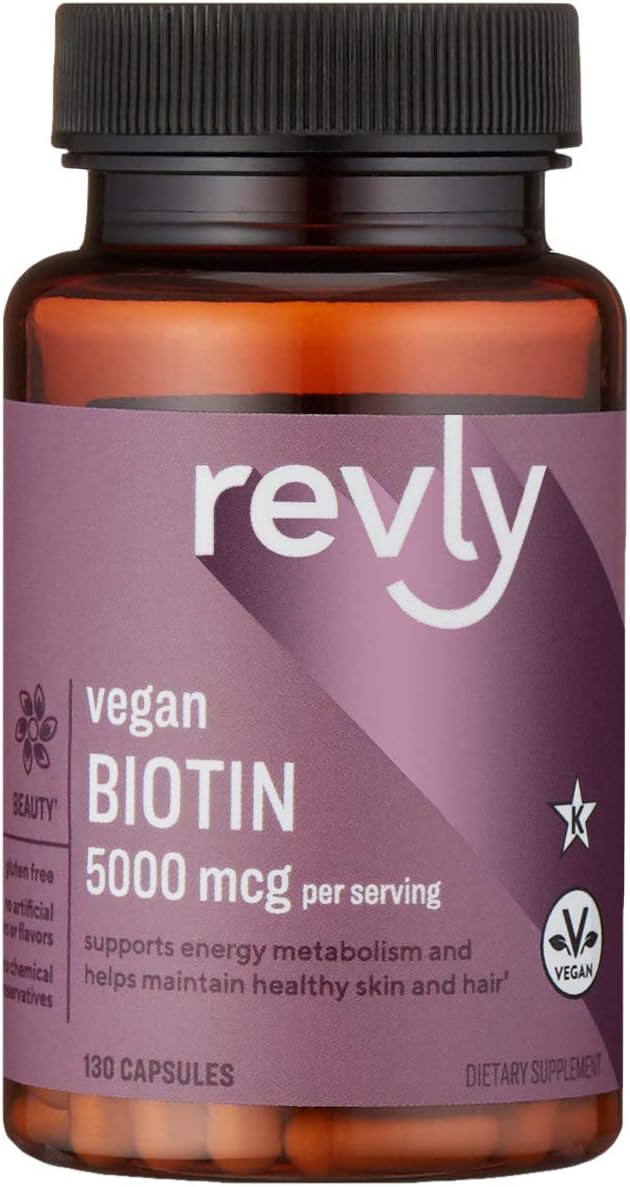 Amazon Brand Revly Vegan Biotin 5000 mcg Hair, Skin, Nails 130