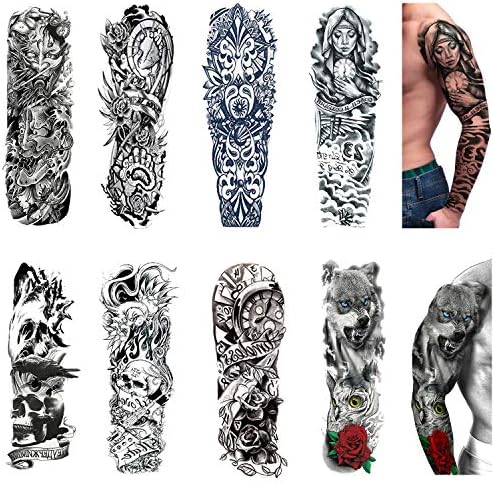 Temporary Tattoo Sleeves 8 Sheets,Large Fake Black Full Arm Tattoo Stickers