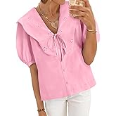 Cicy Bell Womens Peter Pan Collar Button Down Shirts Puff Short Sleeve Summer Casual Eyelet Tops Cotton Loose Fit Blouses